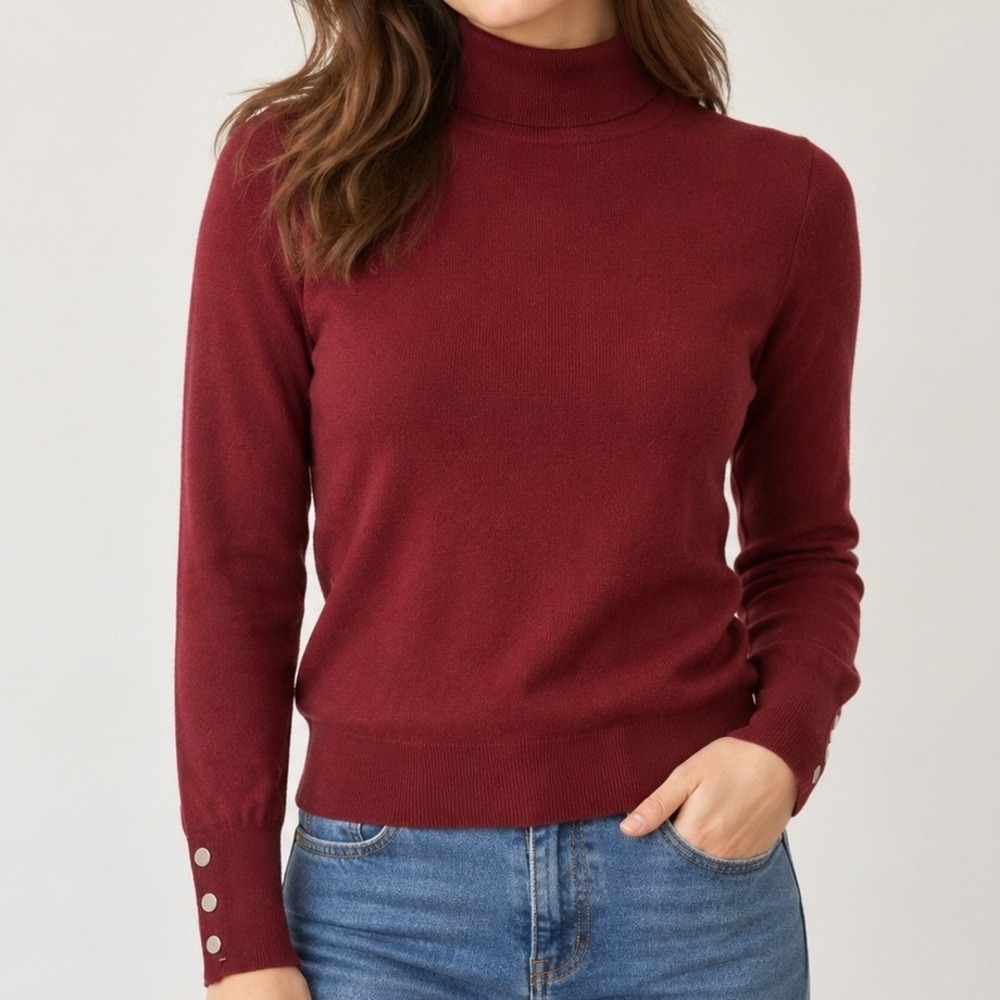 Burgundy Mock Neck Sweater Large Silver Button Cuff Soft Knit